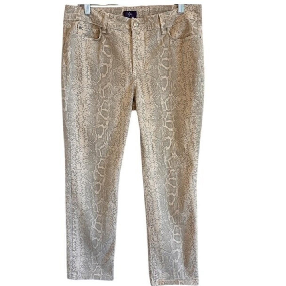 NYDJ Women's Beige Gray Snakeskin Print Slim Skinny Stretch Jeans 10 Petite